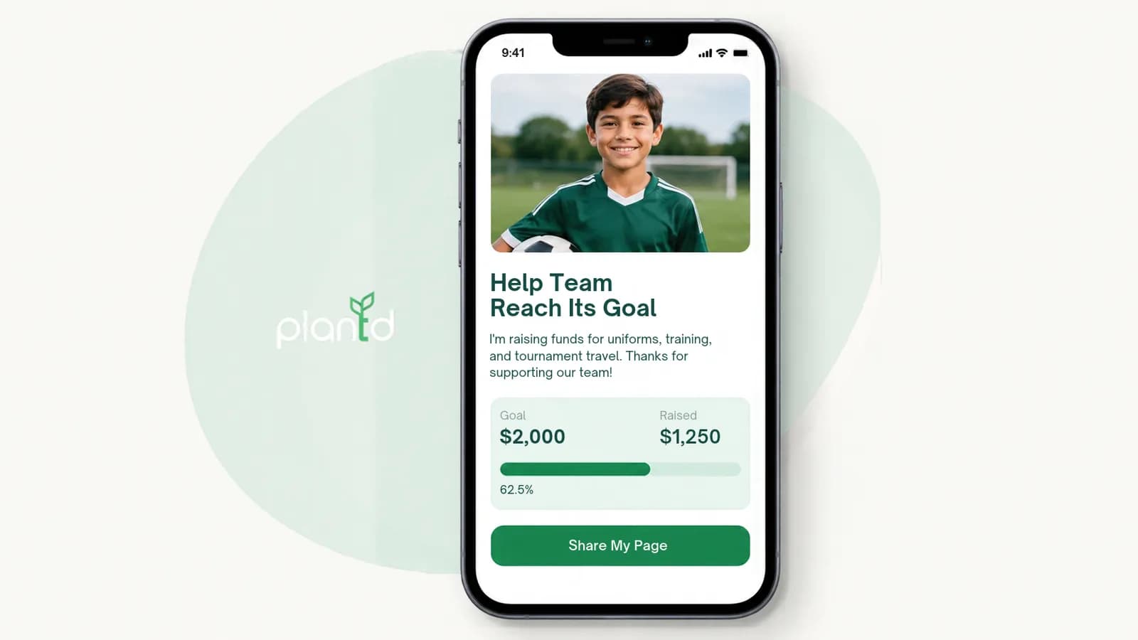 Example athlete fundraising page showing photo, goal and progress bar