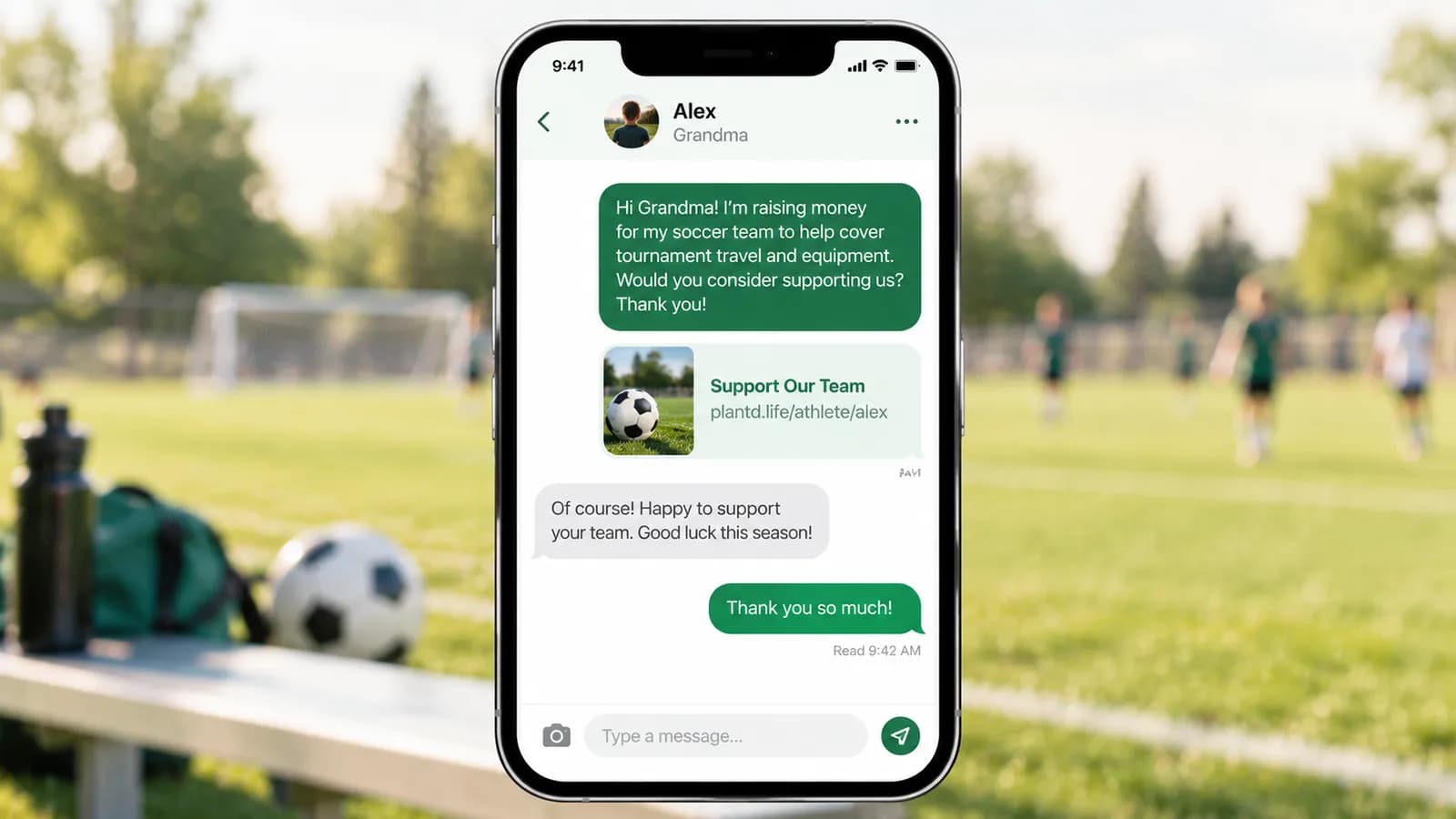 Example text message an athlete sends to family asking for support