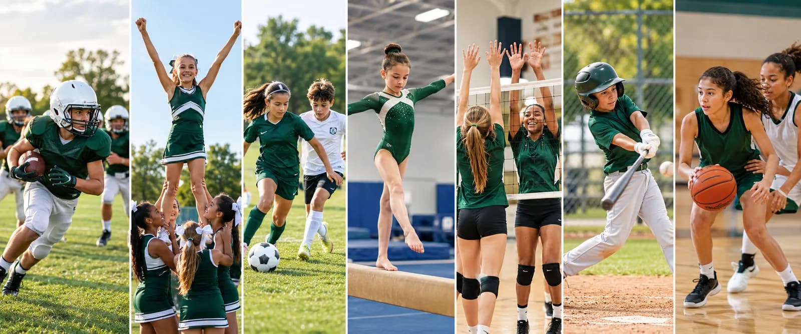 Collage of youth athletes playing football, soccer, basketball, volleyball, baseball, cheer and gymnastics