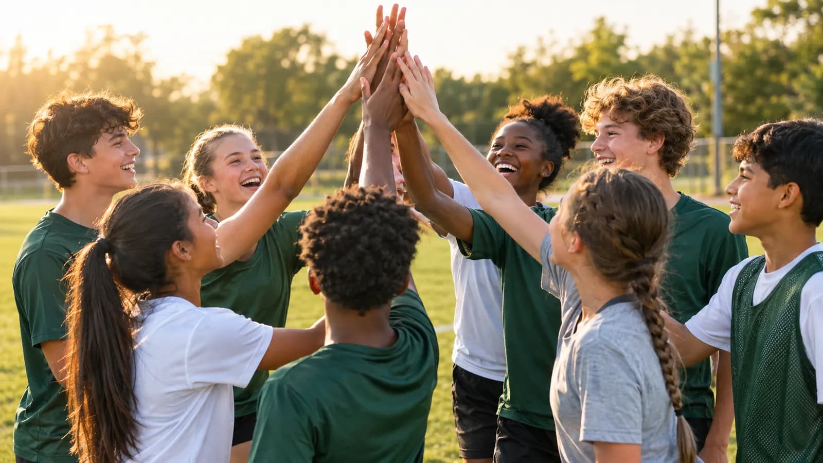 Youth sports team celebrating together after a game
